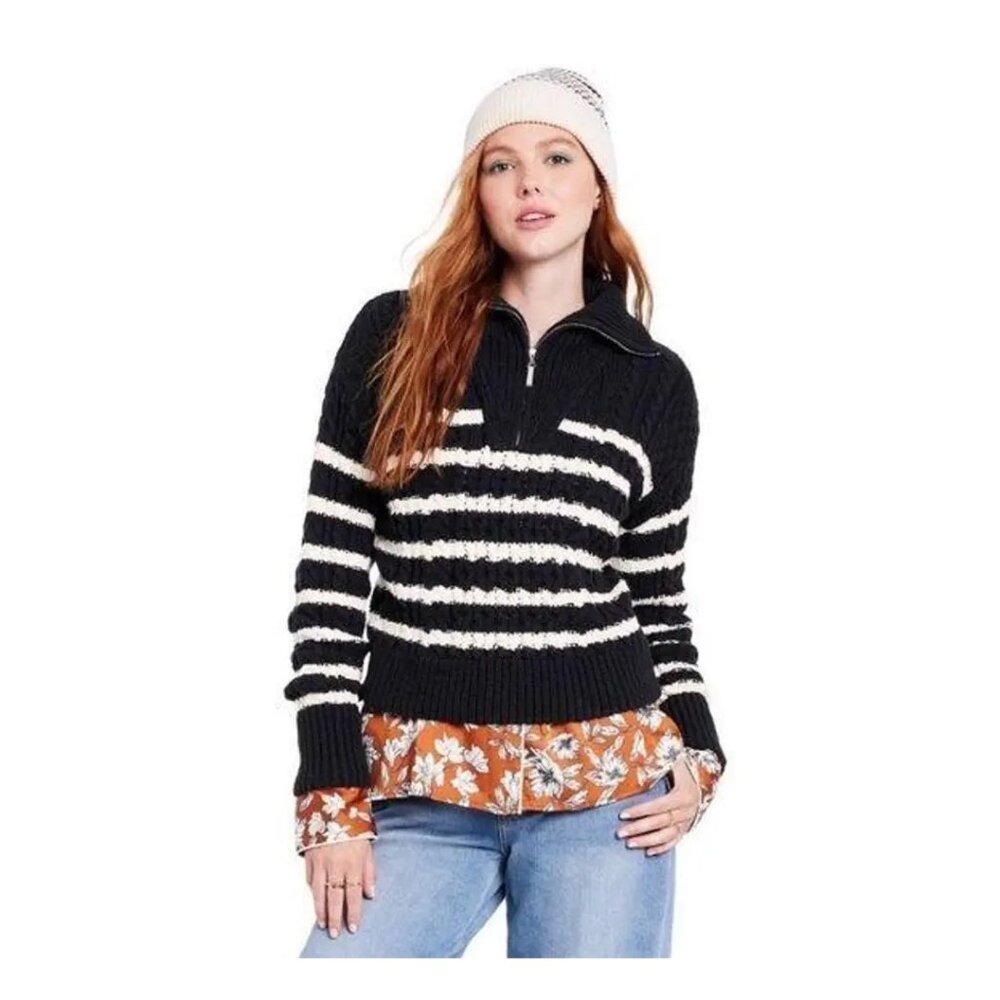 La Ligne x Target | Quarter Zip Striped Cable Knit Sweater